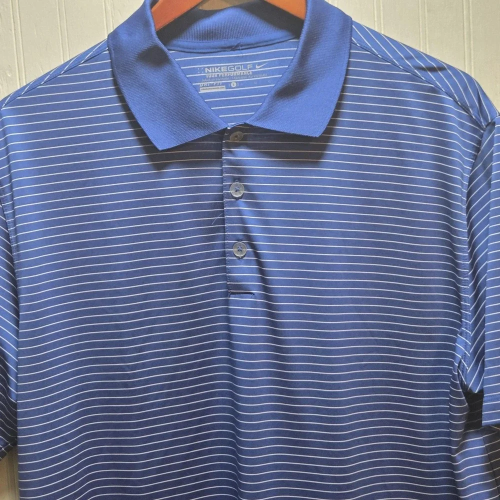 Nike Golf Dri-FIT Polo Shirt Mens L Blue Stripe Tour Performance Golf